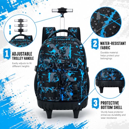 Image of CCJPX Rolling Backpack for Boys, 3Pcs Roller Wheeled School Bookbag, Graffiti Wheels Backpacks with Lunch Box for Kids (Blue)