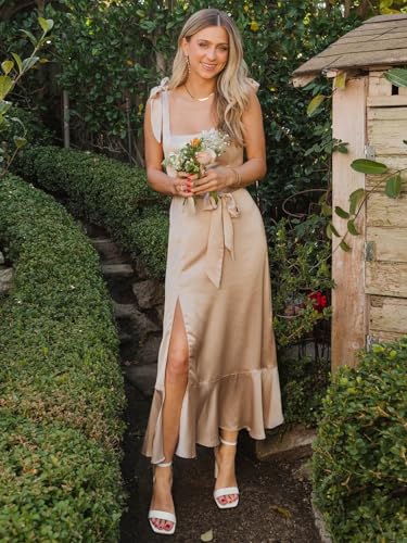 Bolodoo Satin Bridesmaid Dresses for Women Square Neck Ruffle Slit Evening Gowns