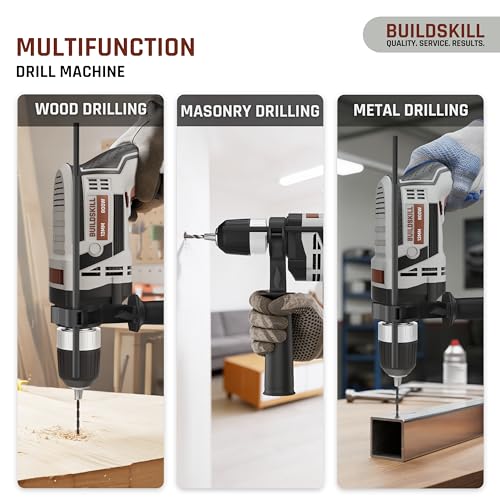 Image of BUILDSKILL 136 PCs Impact 800W Corded Electric Drill Toolkit | 3300 RPM | 48000 Impact Rate | Copper Motor | 13mm Keyless Chuck Drill Machine for Wall Drilling | Forward-Reverse | Professional & DIY