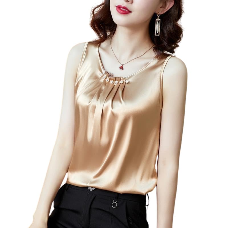 Women’s Ice Silk Sleeveless Top Round Neck Satin Pleated Vest Solid Color-image-38