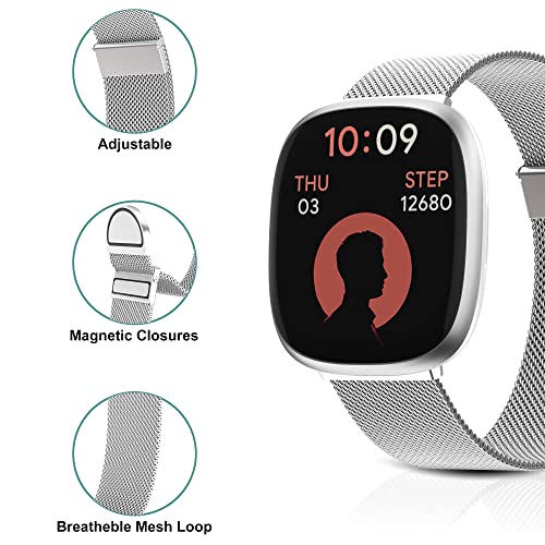 Higgs Strap Compatible with Fitbit Versa 3/4, Sense 2 - Dual Magnetic Adjustable Metal Strap for Women & Men, Silver - Image 2