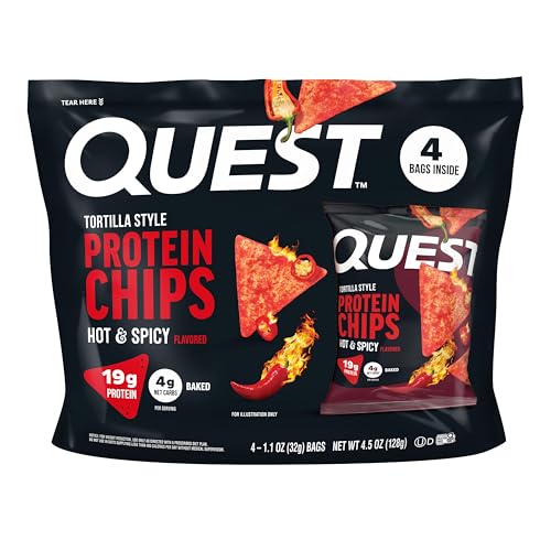 Image of Quest Nutrition Tortilla Style Protein Chips, Hot & Spicy, 19g of Protein, 4g Net Carbs, High Protein, Gluten Free, 1.1 Ounce, 4 count