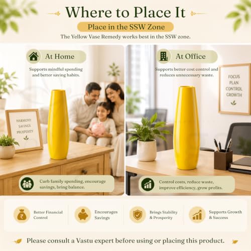 Image of Vastu Yellow Vase | Height - 35 cm Approx | Decorative Pot for Home & Office | Feng Shui Showpiece for Positive Energy, Prosperity & Good Luck | Resin Table Decor Gift