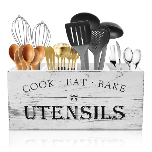 Large Wooden Utensils Holder with 4 Compartments, Farmhouse Kitchen Organizer for Countertops, Rustic Cooking Utensil Holder Cooking Tools Storage Utensils Caddy for Kitchen Countertop (White)