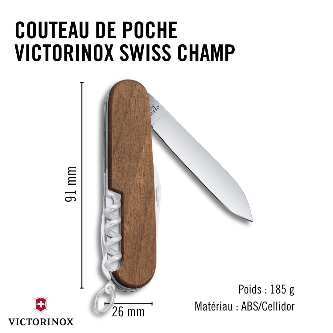 Victorinox Couteau de Poche Swiss Champ Wood, Bois, 29 Fonctions, Swiss Made, Outil Multifonction, y c. Scie à Bois, Ciseau, Brun