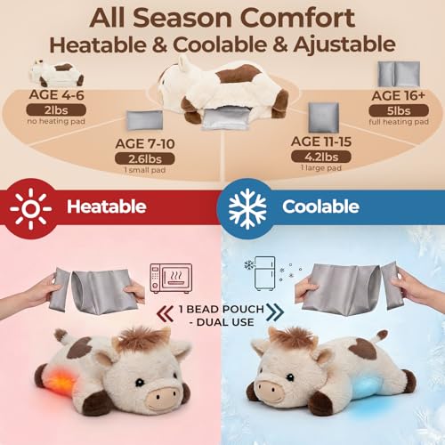 Image of Mewaii Weighted Stuffed Animals for Adults & Kids, 2-5 lbs - 23 inch Heatable Coolable Cow Plush, Microwavable Adjustable Removable Inner Pad, Realistic Hug Comfort Gift (White)