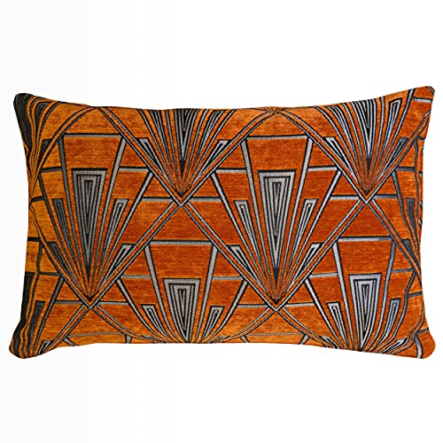 Image of Linen Loft Art Deco Geometric XL Rectangular Cushion Cover. Double Sided Luxury Velvet Chenille. Deep Burnt Orange and Silver. Bold Geometric 20s and 30s Style. 23x15 XL Cover Only.