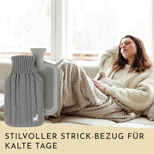 Nordstern Premium Wärmflasche mit weichem Strickbezug – Auslaufsichere Wärmeflasche zur Schmerzlinderung, Bettflasche aus Naturkautschuk für Kinder und Erwachsene – Grau