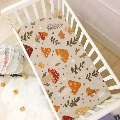 Image of Baby Crib Sheet Mushroom Crib Mattress for Boys and Girls Forest Playard Sheet Soft Breathable Fitted Baby Mattress Cover 52x28in