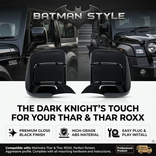 Image of KMH Batman Style Car Mirror Caps Covers Compatible with Mahindra Thar Car Accessories (Gloss Black) Set of 2 Pcs