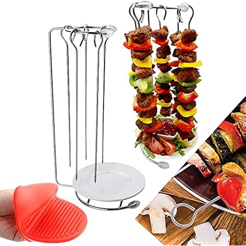 KJH-T Stainless Steel BBQ Skewers,Hanging skewer stand Kebab Hanger for Grill Meat Barbecue Food (5 Skewers and silicone mitt) Cover