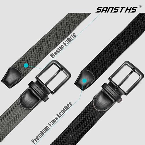 SANSTHS 2Pack Elastic Belt for Men, Mens Belts Casual for Jeans Pants, Woven Braided Web Belt for Golf, 1.3 inches Width4