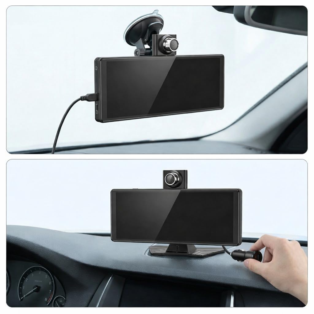 Pantalla CarPlay Coche 10,26", Pantalla Portátil para Coche con CarPlay Inalámbrico y Android Auto, Dash CAM 4K, Admite Cámara Trasera 1080P, IPS Táctil, Mirror Link, BT/FM/AUX, 64GB TF, 12V/24V