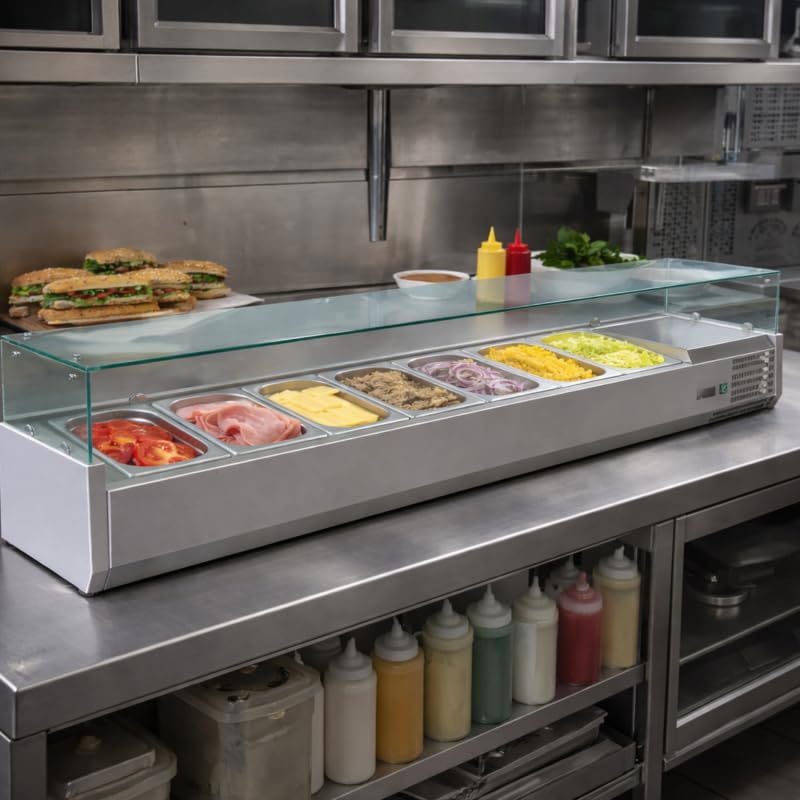 Vitrina ensalada refrigerada con ingredientes 1600 mm - 7 x GN 1/4 - +2°C/+8°C - Inox
