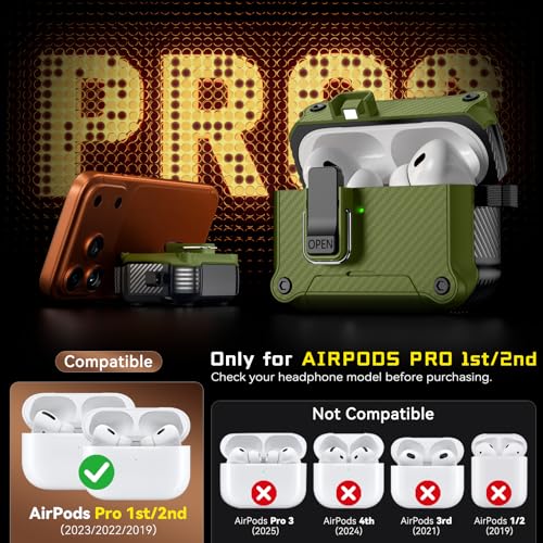 Image of Inesore for AirPods AirPods Pro 1st /2nd Case with Secure Lock (Dark Green) | Phone Stand Design,Compatible with MagSafe,Automatic Snap Switch Secure Cover Carbon Fiber Texture with Cleaner Kit