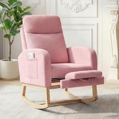 Garvee Nursery Rocking Chair, Corduroy Upholstered Rocking Chair with Adjustable Footrest, Tufted Rocker Chair with Side Pocket, Glider Rocker for Living Room, Bedroom