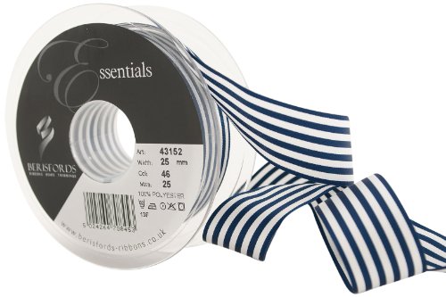 Berisfords 43152 - Rollo de Lazo (grogén, 25 mm x 25 m), diseño de Rayas, Color Blanco y Azul