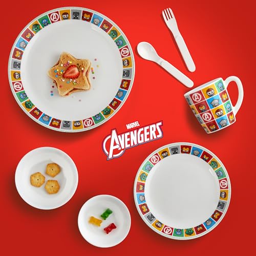 Image of CELLO Kidzbee Avengers Design Set of 7 Pieces Opalware Kids Dinner Set, White | Food Grade Toughened OpalGlass, Microwave & Dishwasher Safe, Bone Ash Free, Stackble Bowls Mug & Plates Kids Dinner Set