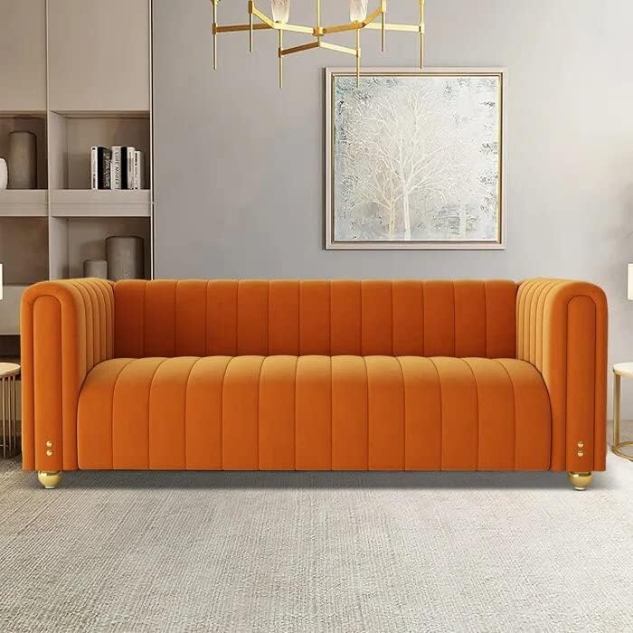 WOODEN WORLD Modern 3-Seater Curved Arm Sofa – Comfortable for Living Room, Guest Room Hotels Velvet (Orange) 2 Year Warranty
