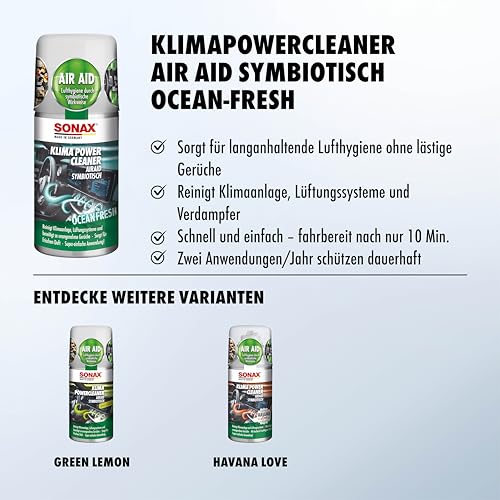 SONAX KlimaPowerCleaner AirAid symbiotisch Ocean-Fresh (100 ml) sorgt schnell und einfach für langanhaltende Lufthygiene und befreit dauerhaft von lästigen Gerüchen | Art-Nr. 03236000