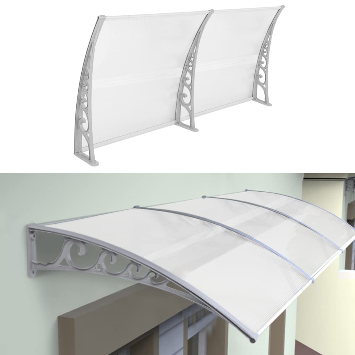 YIMING Daszek do drzwi i okien, długość 300 cm (118,11''), Dach ochronny Poliwęglan (Szaro-Biały, 98×300×25 cm)