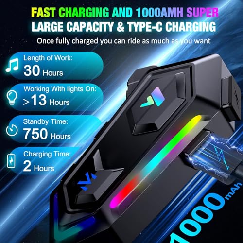 Image of FEYA Motorcycle Helmet Speakers Cool RGB Dazzling Lights,High Battery Life Motorbike Headset CVC&DSP Dual Noise Reduction and Deep Bass Motorcycle Accessories Ultra Thin Speakers Cycling /Skiing /Riding