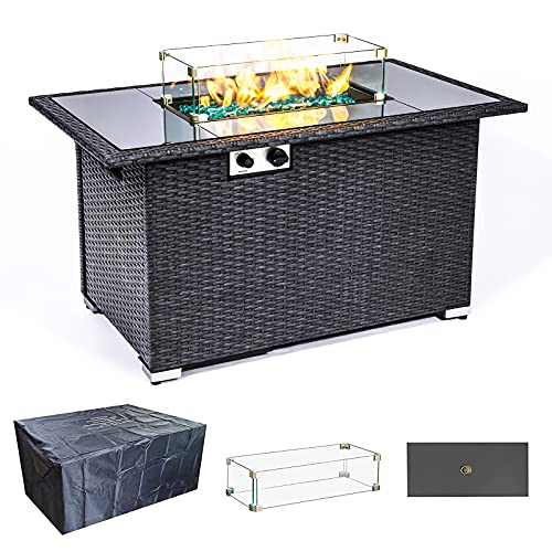 Propane Gas Fire Pit Table with ETL Certified, 44   50,000 BTU Outdoor Rattan & Wicker-Look Square Gas Fire Pit Table Auto-Ignition Adjustable Flame, with Lid, Glass Wind Guard, Glass Stone