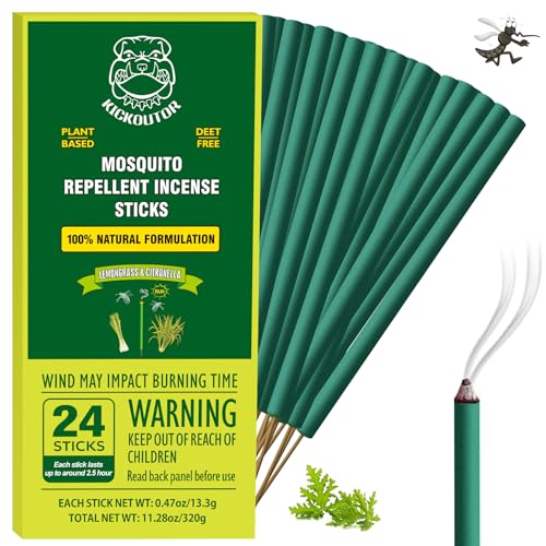 KICKOUTOR Mosquito Repellent Incense Sticks with Natural Citronella Oil 24 Count DEET-Free Outdoor Protection for Patios Backyard Gatherings & Camping Up to 2.5-Hour Against Gnats & No-See-Ums