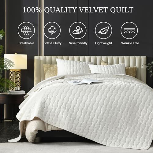 Image of Grassix Velvet Quilt Set Queen Size, Luxury Geometric Design, Cream White | Lightweight Velvet Comforter with 2 Pillow Shams, Soft Bedspread Coverlet, Quilted Bedding Set for All Seasons, 90 inchx96 inch