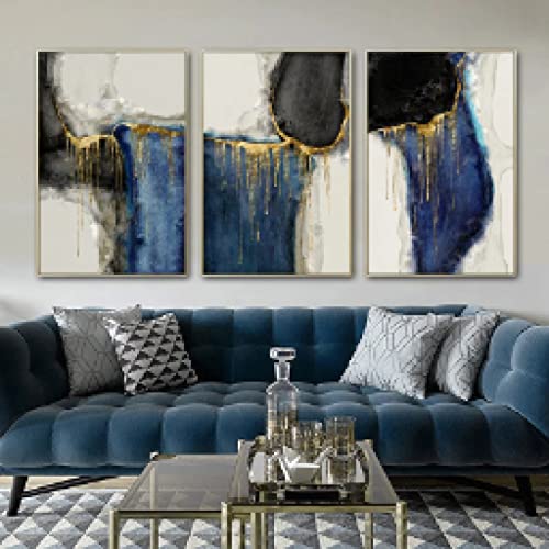 Décorations pour la maison salon : triptyque abstrait bleu doré 60x80cm style nordique chic