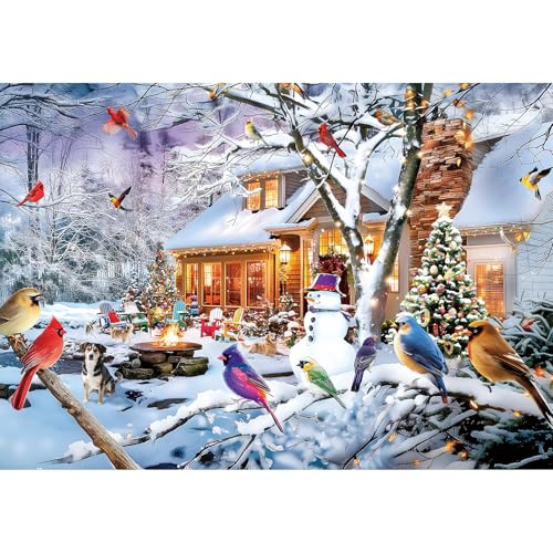 JJYHULK Christmas 2000 Piece Puzzle for Adults, Puzzles for Adults 2000 Pieces, Winter Snow Bonfire Birds Dog Jigsaw Puzzles, Challenging Puzzle Perfect for Game Nights, 39' X 28'