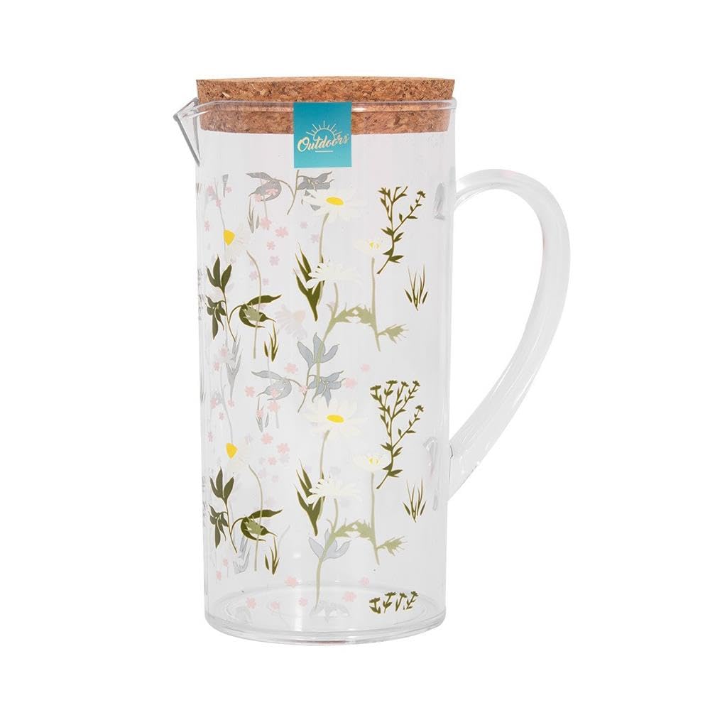 YöL 1.1L Drinks Pitcher Jug Daisy Print Plastic Summer Picnic Outdoor Dining BBQ Pouring Spout Cork Lid