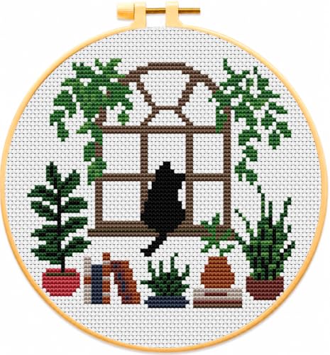 Image of Plant Black Cat Stamped Cross Stitch Kits for Adults Beginners with Frame