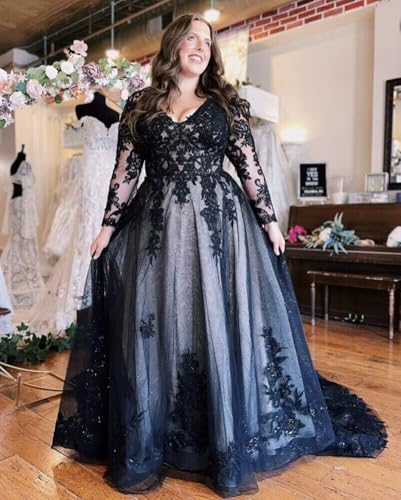 Mouccy Sparkly Black Wedding Dresses for Bride V Neck Long Sleeve Bridal Gowns with Slit Gothic Long Wedding Gown with Train4