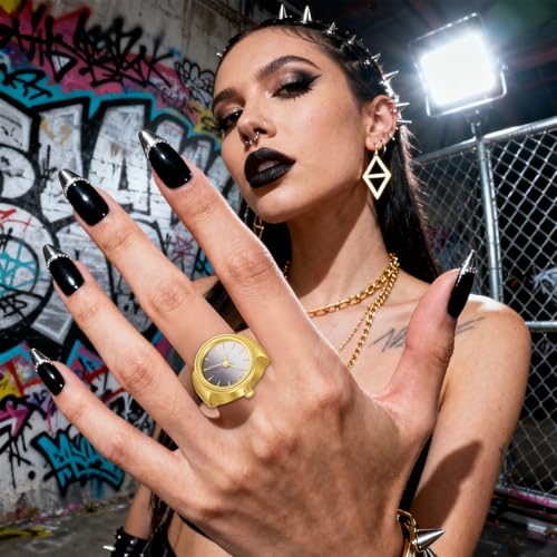 Image of JewelryWe Finger Watch for Women - Stretchy Elastic Band Round Simple Dial Quartz Ring Watches for Daily and Office
