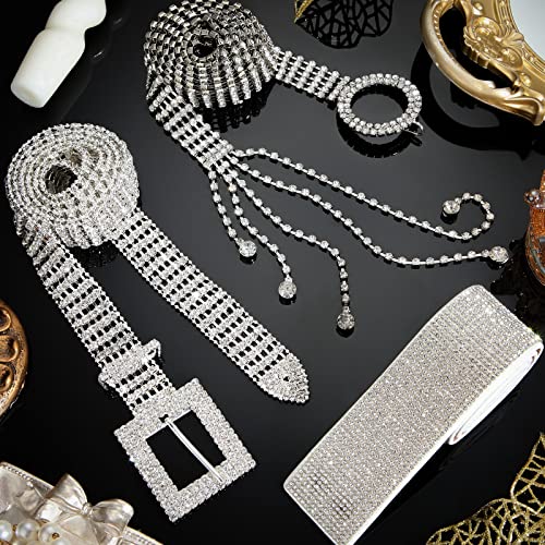 Jeyiour 3 Pcs Women Rhinestone Belt Diamond Elastic Waist Glitter Belt Shiny Crystal Silver Chain Bling Waistband Square Ring Wide Waist Band for Christmas Women Ladies Jeans Dress2