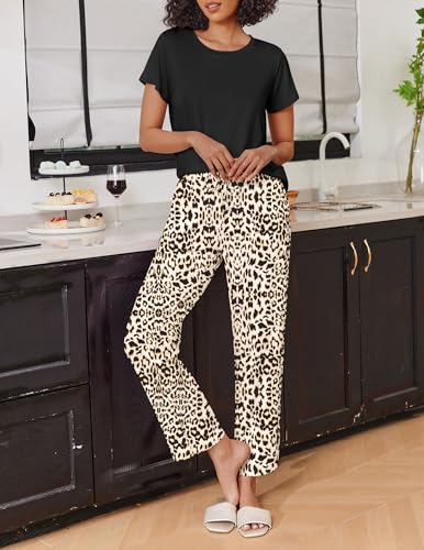 Ekouaer 2 Pack Pajamas for Women Set Short Sleeve Sleepwear Top and Pants Pjs Soft Printed Lounge Sets with Pockets2