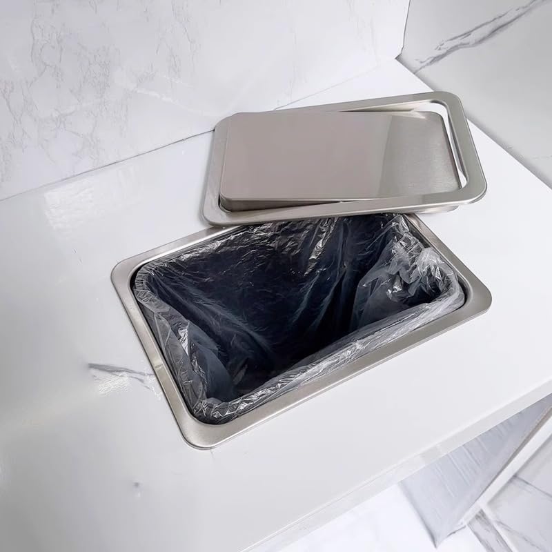 Image of 2.6 Gallon / 10L Square Silver Trash Chute, Countertop Embedded Trash Can with Lid, Drop-in Trash Can, Built-in Waste Basket, for Restaurant Home Hotel Kitchen.
