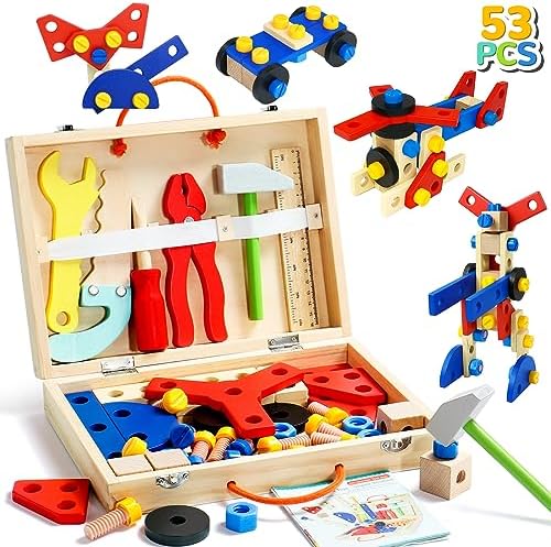 Montessori Kids Tool Set Construction Toys for 3 4 5Year Old Boys Wooden Stem Toy Box Toddler Tool Set Pretend Play Building Toy Fine Motor Skill Christmas Birthday Gift for 3-5 Year Old Girls Boys