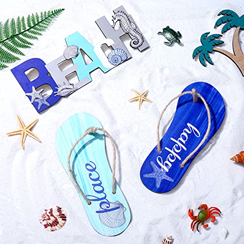 3 Pieces Beach Sign with Ocean Shells Starfish Elements Wood Beach Slippers Hanging Decor Christmas Beach Wall Ornament Decor for Xmas Winter Wall Decor Coastal Theme Interior House Home Decor - Image 4