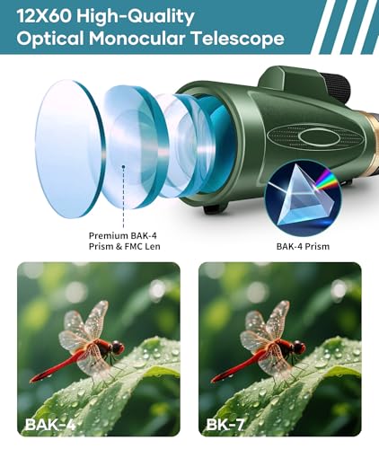 Image of Monocular Telescope 12X60 HD High Power with Smartphone Adapter Tripod Larger Vision Monoculars for Adults with BAK4 Prism & FMC Lens Suitable for Bird Watching Hiking Camping Wildlife-Green