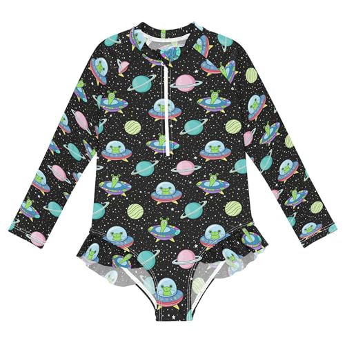 Cute Alien UFO Girls Long Sleeve Rashguard Swimsuit UV Protection One-Piece Swimwear Bathing Suit B0403996