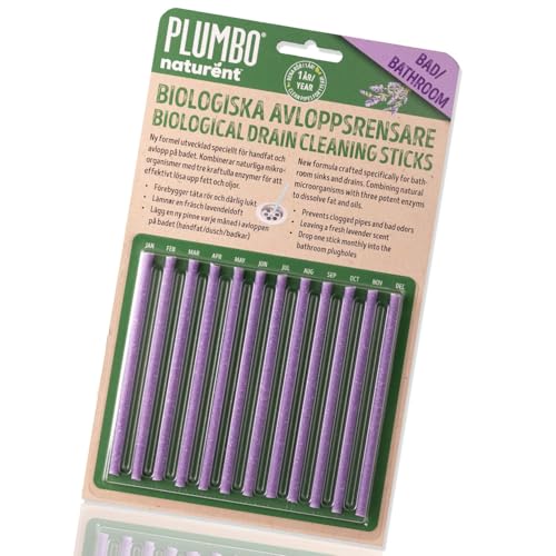 Bathroom Biological Drain Cleaning Lavender scent Sticks Pack of 12 – 1-Year Supply of Enzyme-Activated Drain Cleaner Sink Sticks & Drain Odour Remover – Natural Sustainable Enzyme Cleaner from Plumbo