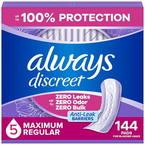 Always Discreet Adult Incontinence Pads for Women Maximum Absorbency Regular Length Postpartum Pads Up to 100% Bladder Leak Protection 144 Count