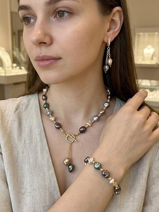 Set Gioielli con Perle Barocche Multicolore e Oro