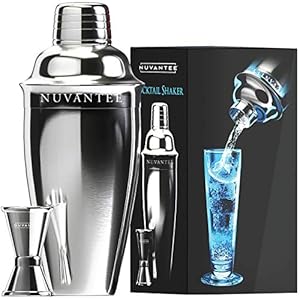 Nuvantee Cocktail Shaker Set,24 oz Martini & Drink Mixer w/ Built in Strainer, Measuring Jigger, Home Bartending Kit, Stainless Steel Martini Shaker