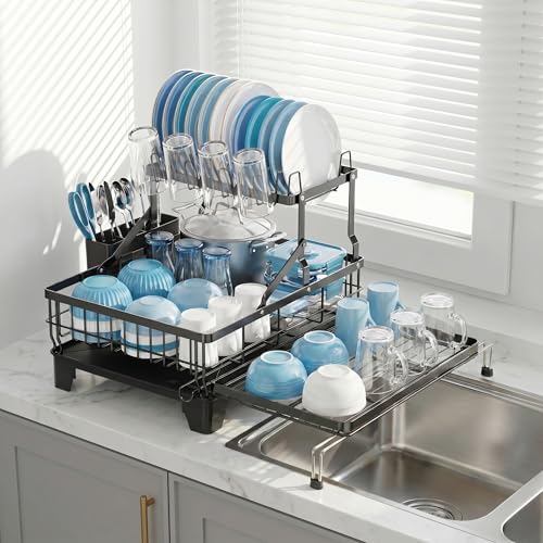 Image of COMFYHOME Double-Layer Pull-Out Iron Dish Drain Rack: Saves Space, Includes Cup Holder, Drain Board, Cutlery Rack Suitable for Pots, Pans, Cups, Cutlery