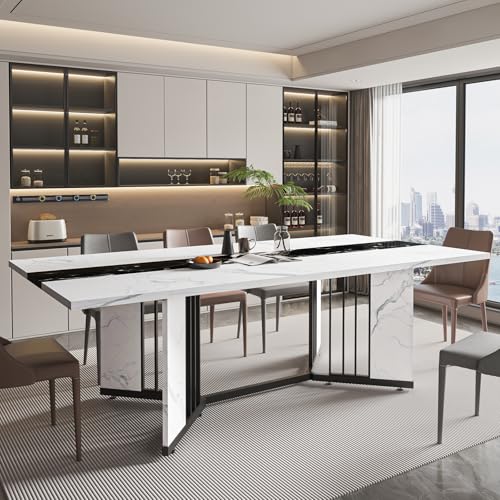 DalyLuxa 71inch Dining Table for 6-8 People, Large Rectangular Wood Kitchen Table with Marble Watrproof Tabletop and Adjustable Leg for Kitchen, Dining Room