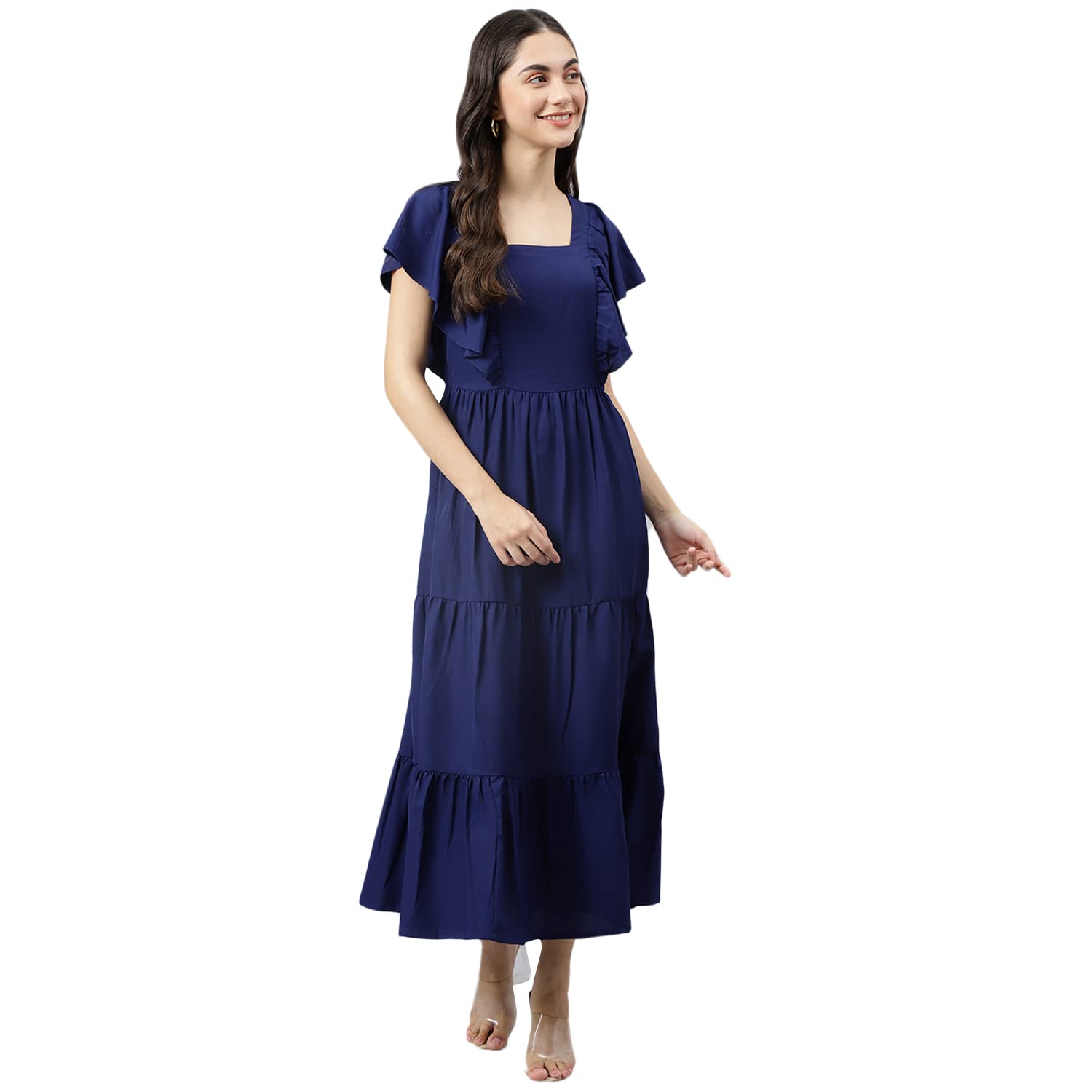 DEEBACO Women's Fit & Flare Tiered Maxi Dress|Flutter Sleeves|Square Neck|Full Length Women Western Dresses|A-Line Dress|Stylish One Piece for Ladies & Girls|Beach Summer Dress for Women