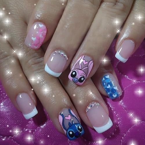 White French Tip Press on Nails Short Square Cute Animal Fake Nails with Glue Nude Glossy Acrylic Nails Design Kawaii Red Blue Monster stick on Nails for Women DIY Party  Nail Decoration Set